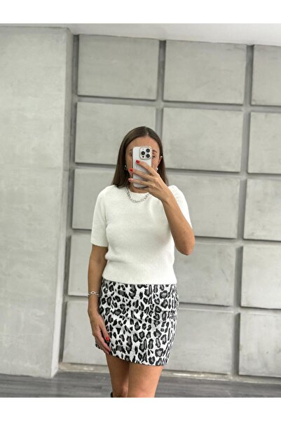 BETULAKSUBUTİK Leather Leopard Skirt Black White