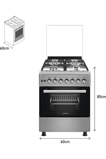 Daewoo Gas Cooker 60x60 cm - 4 burner with Cast Iron Support, Manual Ignition, DGC-665BSF