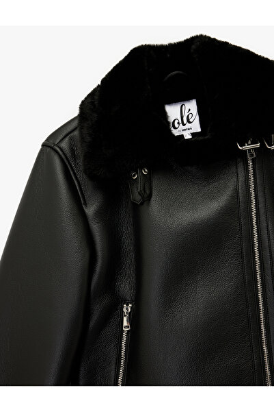 Koton Μακρυμάνικο μπουφάν εφέ δέρματος με γιακά από ψεύτικη γούνα