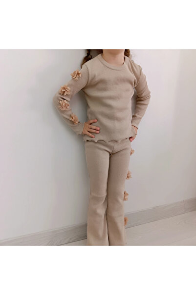 NİLZ Beige Color Rose Detailed Corded Girls' Camisole Top and Bottom Set