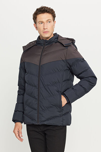 AC&Co / Altınyıldız Classics Men's Navy Blue-Brown Standard Fit Regular Cut Stand Collar Hooded Side Pocket Coat