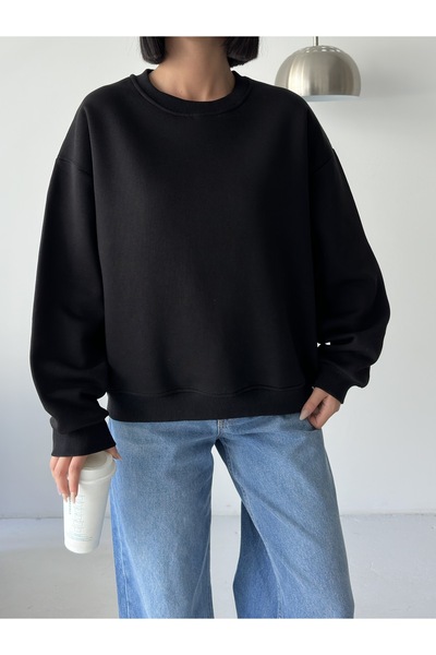 BEJNA Women's Black Loose Fit Crew Neck Basic Sweatshirt
