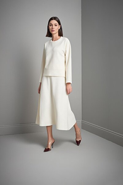 JOIN US Verev Patterned Flared Ecru Midi Knit Skirt