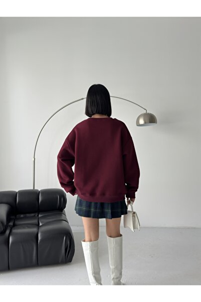 BEJNA Women's Burgundy Loose Fit Crew Neck Basic Sweatshirt