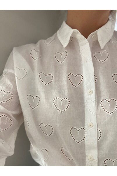 Moday Women's White Brode Heart Pattern Embroidered Cotton Shirt 12A-2355