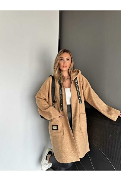 QİMYA BUTİK ROBIN Women's Hooded Bag Pocket Unlined Lightweight Boucle Eyebrow Oversize Coat