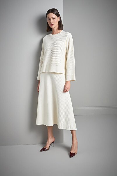 JOIN US Verev Patterned Flared Ecru Midi Knit Skirt