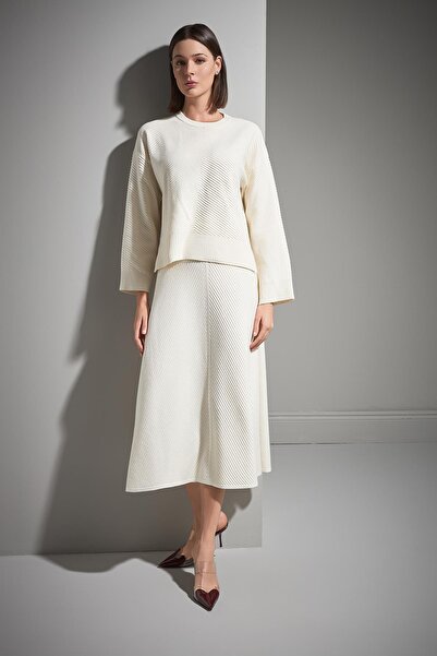 JOIN US Verev Patterned Flared Ecru Midi Knit Skirt