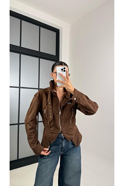 Gaus Kahve Dik Yaka Kemer Detaylı Premium Süet Ceket GAUS-00519