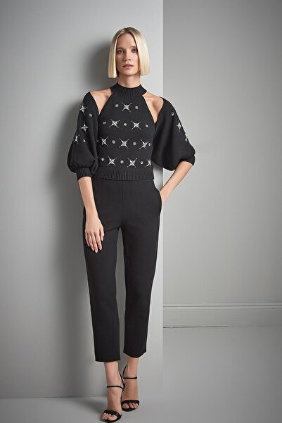 JOIN US Χειροποίητη πλεκτή μπλούζα με κέντημα από πέτρα με λαιμόκοψη