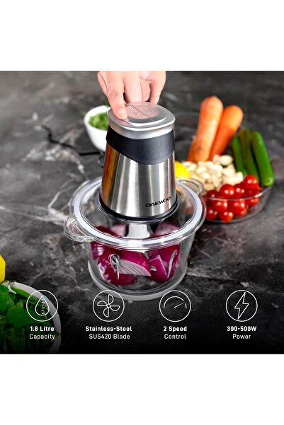 Daewoo Food Chopper – Mini Food Processor with 1.8L BPA Free Glass Mixing Bowl, 500W Motor Dual Sp