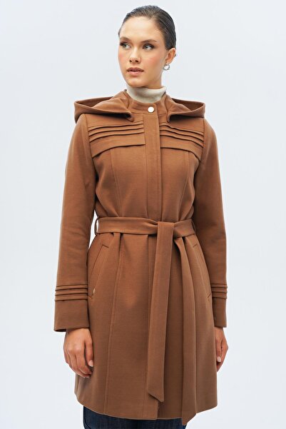Olcay Removable Hooded Ribbed Detailed Coat Taba 3126