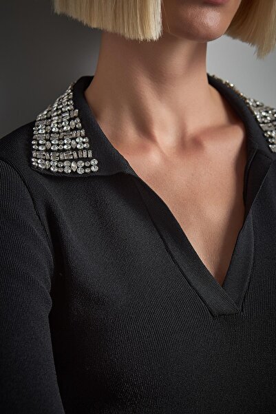 JOIN US Black Knit Sweater with Stone Collar