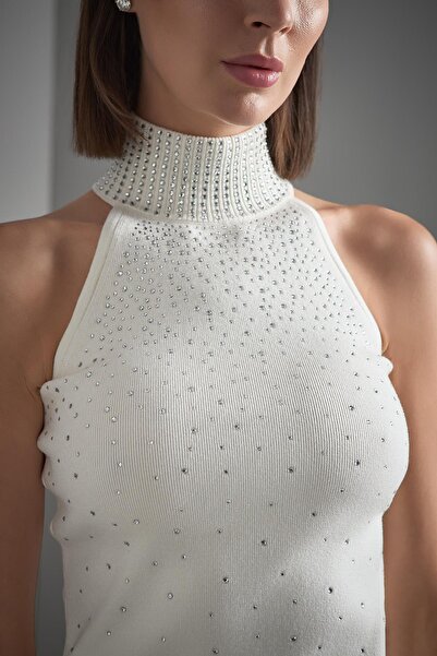 JOIN US Halter Yaka Taş Baskılı Ekru Triko Bluz