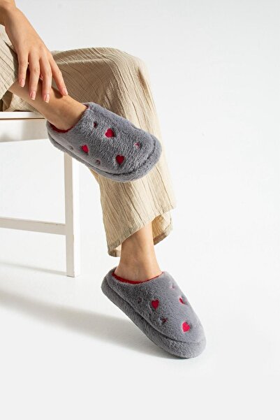 FUGA MODA Γυναικείες παντόφλες σπιτιού με βελούδινη σόλα με κέντημα σε γκρι χρώμα Hartin