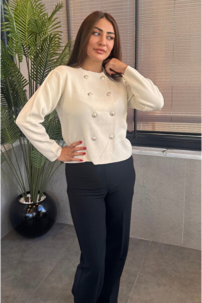 MİR STORE Kruvaze Düğmeli Ekru Triko Hırka