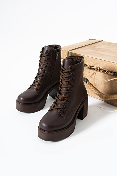 Siena Shoes Master Kadın Bağcıklı ve Fermuarlı Topuklu Bot Kahve