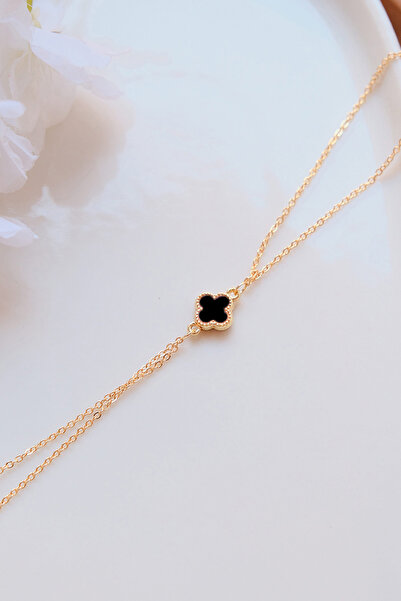 AURRARİ Gold Siyah Doğal Taşlı Yonca Şahmeran