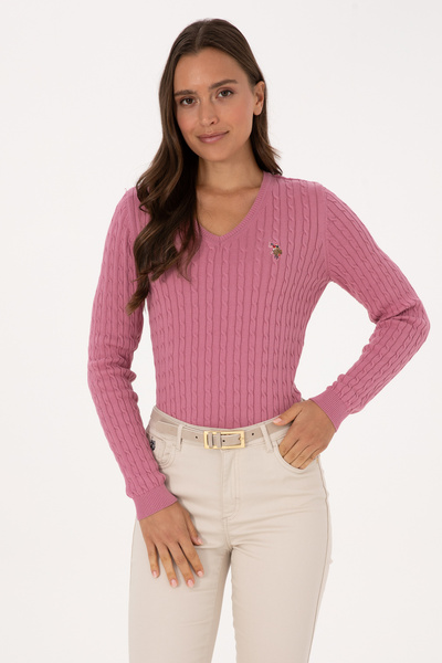 U.S. Polo Assn. Pulover Dama Pe Roz Bonbon Cu Guler In V Si Textura Cable