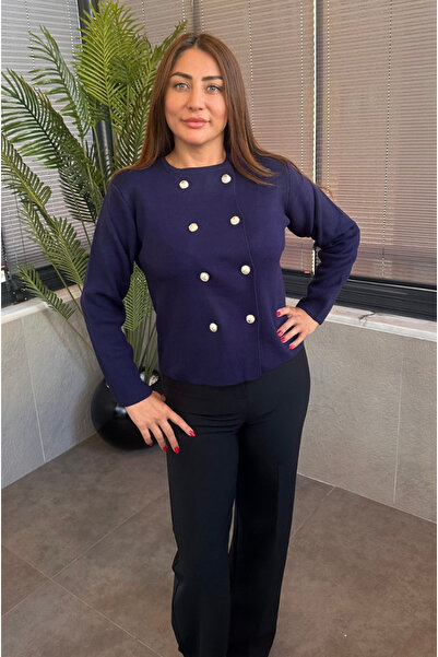 MİR STORE Double-Breasted Buttoned Navy Blue Knit Cardigan