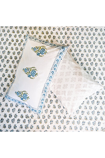 SARAS LABEL Heritage Block Print 100% Cotton Percale Bedsheet with 2 Pillowcases