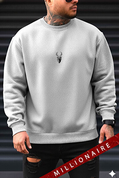 Millionaire Чоловічий сірий меланж оленячий товстий м'який 3 нитки з шардоном 0 Нульовий комір Oversize Слацкий світшот