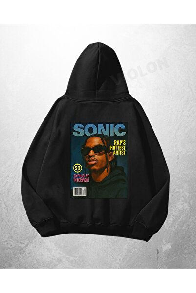 Violon Hanorac negru unisex cu glugă supradimensionată, imprimat Sonic Beat