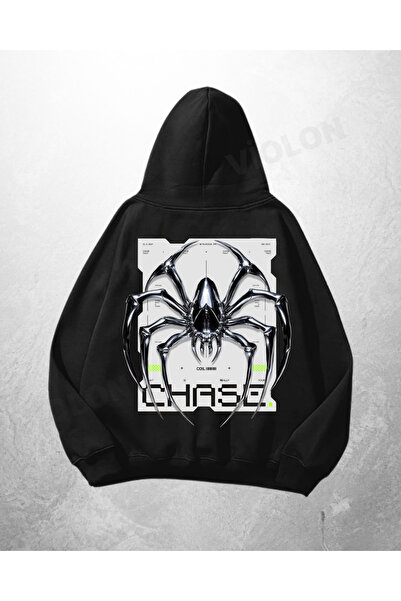 Bravebell Hanorac negru unisex supradimensionat cu imprimeu Chase Spider