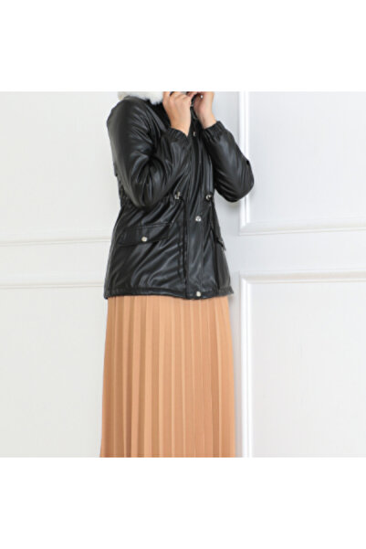 BURCU TESETTÜR Palton hidrofug pentru abaya, cu guler de blană, cu șireturi î...