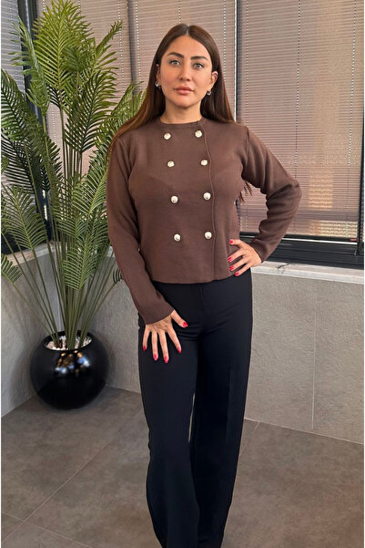 MİR STORE سترة تريكو بنية اللون بأزرار مزدوجة