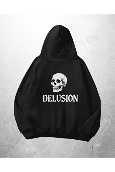 Violon Hanorac negru unisex supradimensionat cu imprimeu Delusion
