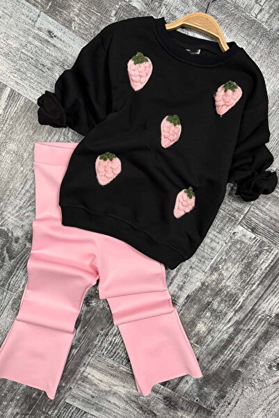 Riccotarz Girl's Strawberry Figured 3 Thread Sweater Loose Fit Skuba Fabric Pink Bottom Top Set