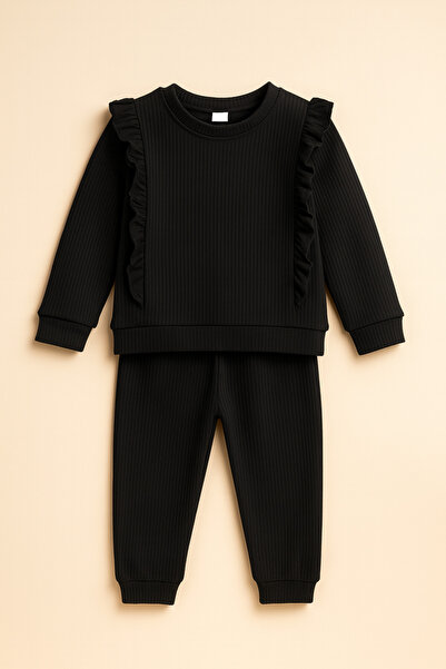 BUUFUU Ruffled Cotton Long Sleeve Top and Bottom Double Girl's Set