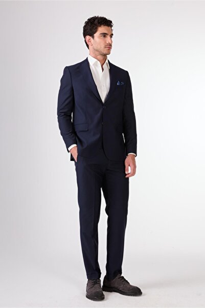 Dufy Lacivert Erkek Düz Mono Yaka Takım Elbise