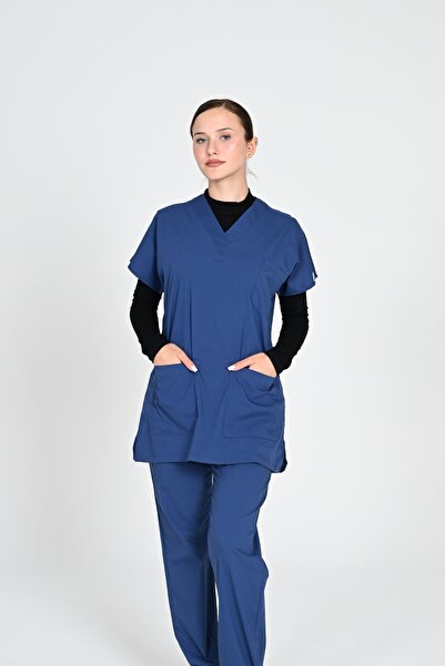 HEMİ İndigo Likralı Tesettür Yarasa Kol Doktor Ve Hemşire Forma Takımı Hastane Üniforması