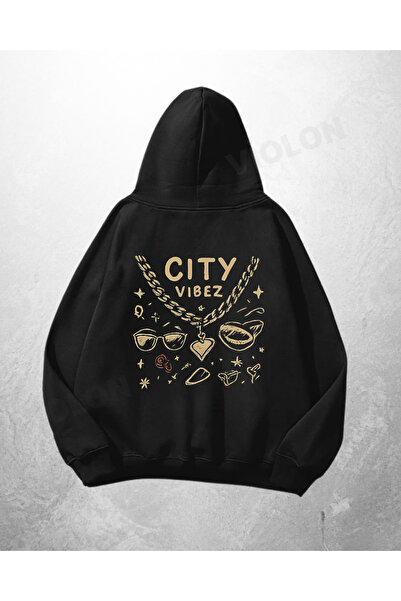 Violon Μαύρο Unisex Φούτερ με στάμπα City Vibez Oversize με κουκούλα