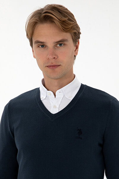 U.S. Polo Assn. Pulover Barbat Pe Indigo Cu Guler In V Si Logo Brodat