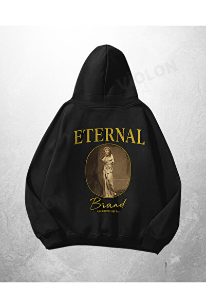 Violon Hanorac negru unisex, supradimensionat, cu imprimeu Eternal Brand