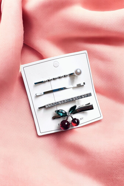 PETEK AKSESUAR 3 Pieces of Cherry Clip with Stone and Pearl, 5.5 Cm.