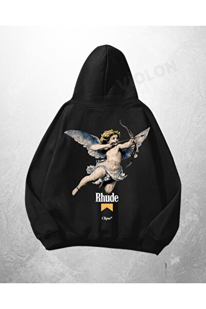 Violon Hanorac negru unisex cu glugă supradimensionată, cu imprimeu Rhode Angel
