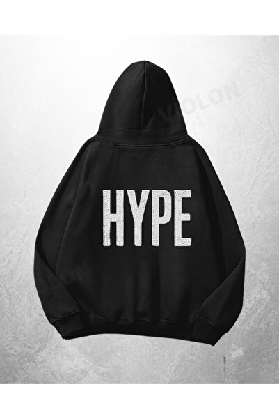 Bravebell Hanorac negru unisex HYPE cu glugă, supradimensionat, cu imprimeu text