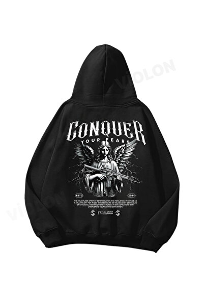 Bravebell Hanorac negru unisex cu imprimeu Conquer, supradimensionat