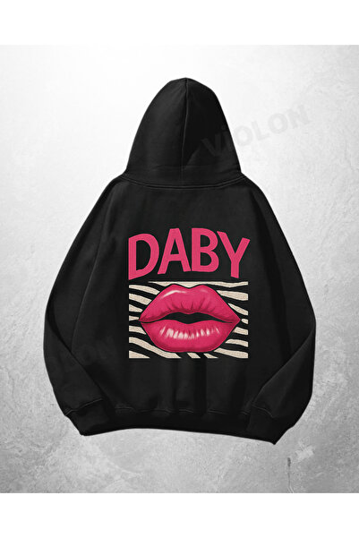 Violon Hanorac negru unisex, supradimensionat, cu imprimeu Daby Lips și model...