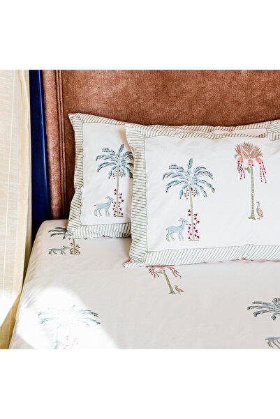 SARAS LABEL Heritage Block Print 100% Cotton Percale Bedsheet with 2 Pillowcases