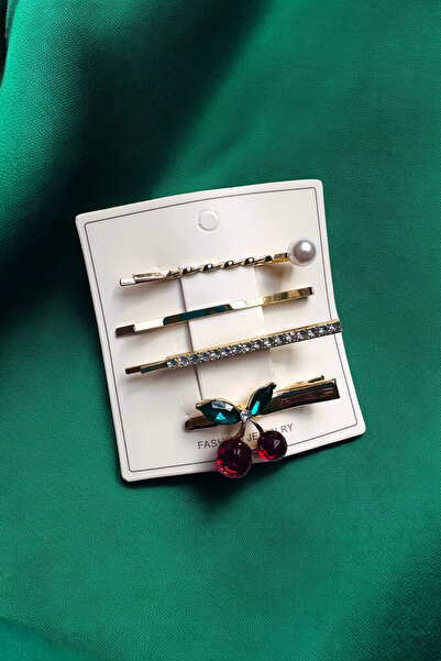 PETEK AKSESUAR 3 Pieces of Cherry Clip with Stone and Pearl, 5.5 Cm.