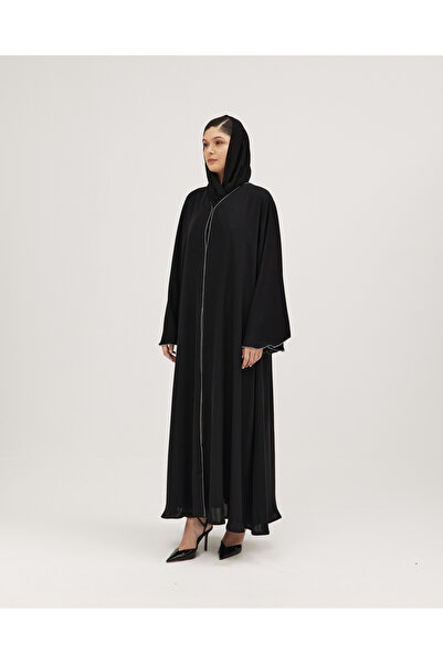 SOROSE SA عباية إنترنت كلوش سوداء بأكمام محبوكة باللون الفضي - عباية قماش انترنت