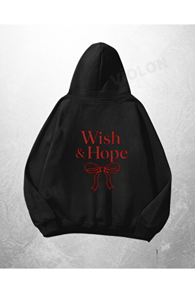 Violon Μαύρο Unisex Φούτερ με κουκούλα με στάμπα Wish Hope σε μεγάλο μέγεθος