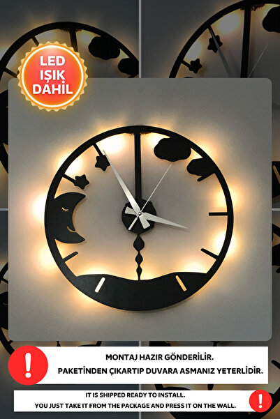 Dekorvin Led Işıklı Çocuk Odası Duvar Saati Sessiz Dekoratif Modern Siyah Ahş...