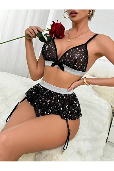 randevu Sparkling Strap 3-Piece Set with Garters Black