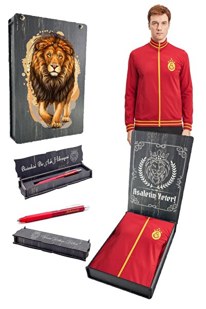 Galatasaray Orijinal Lisanslı Sarı Kırmızı 5 Yıldızlı Sweat + Uçlu Kalem Set Hediyelik Ahşap Kutu